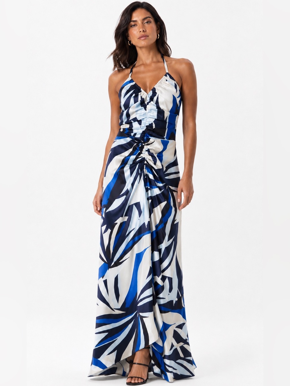 WHBM Satin Halter Maxi Dress Sz 6 Blue Black White Tropical Resort Wedding Guest